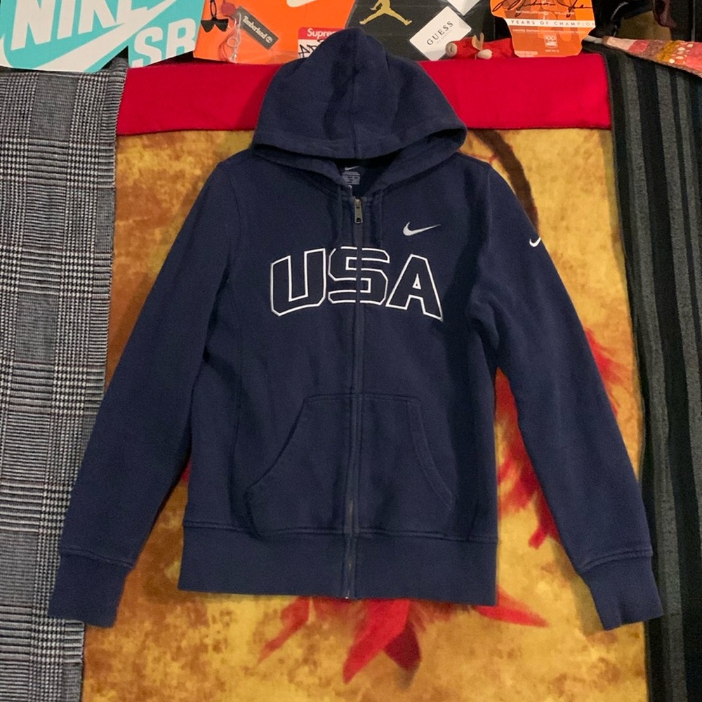 NIKE-womens navy blue USA stitch long sleeve full-zip hooded athletic sweatshirt